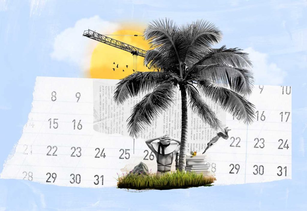 Collage calendario con palmera y persona de vacaciones