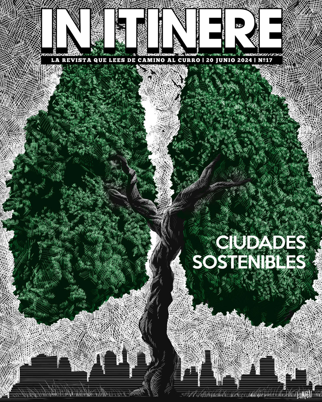 Árbol con forma de pulmones con ciudad al fondo