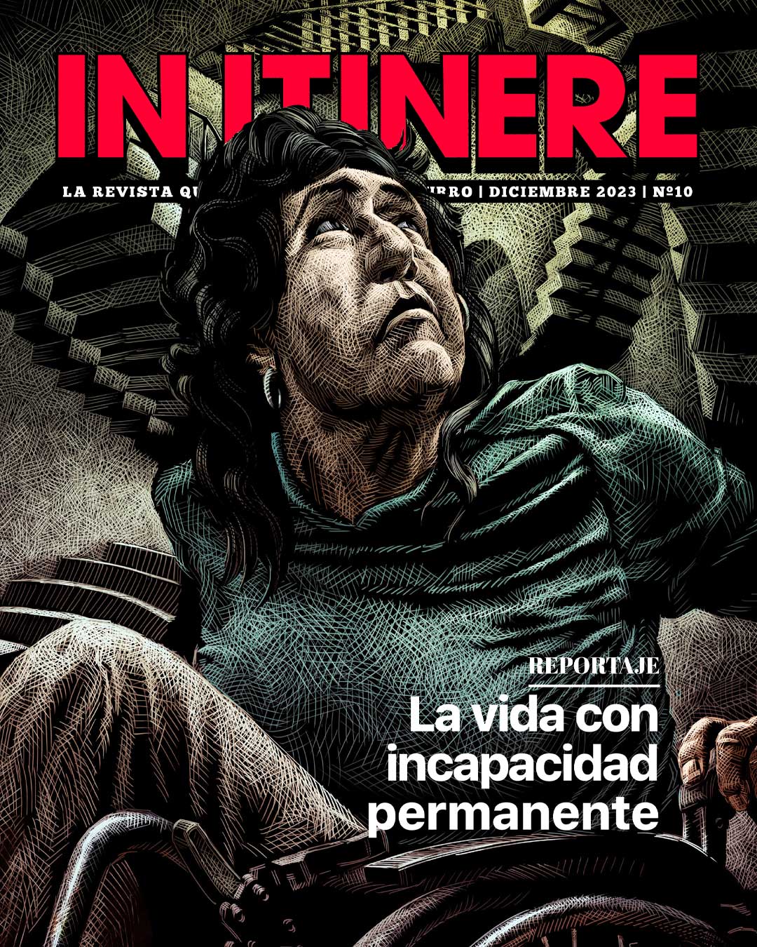 Mujer en silla de ruedas en un laberinto de escaleras