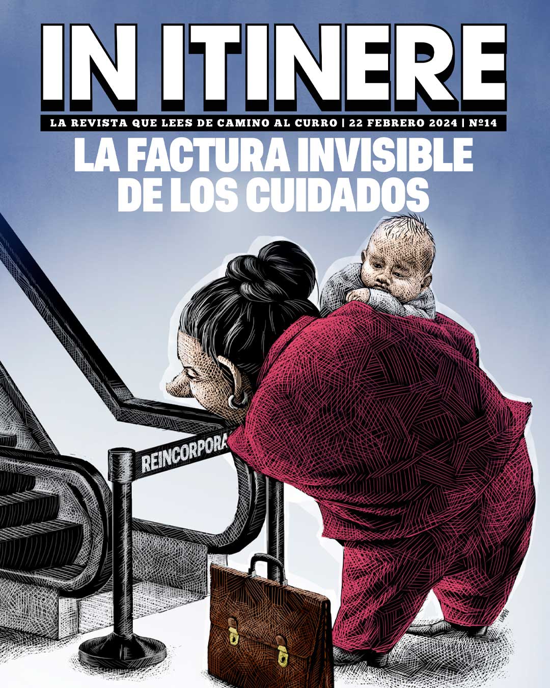 Madre con bebé en brazos frente a una escalera