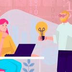 Mujer con ordenador y hombre con bombilla