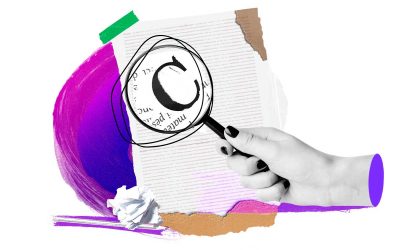 Collage con mano y lupa