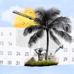 Collage calendario con palmera y persona de vacaciones