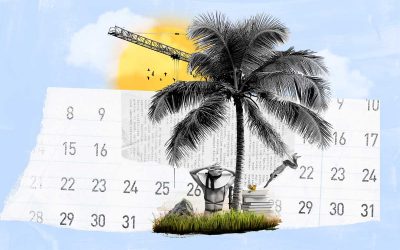 Collage calendario con palmera y persona de vacaciones