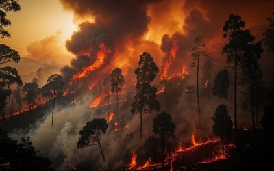 Bosque ardiendo y rodeado de llamas