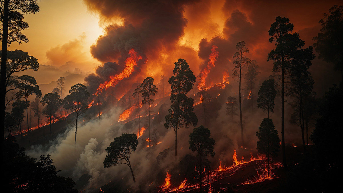 Bosque ardiendo y rodeado de llamas